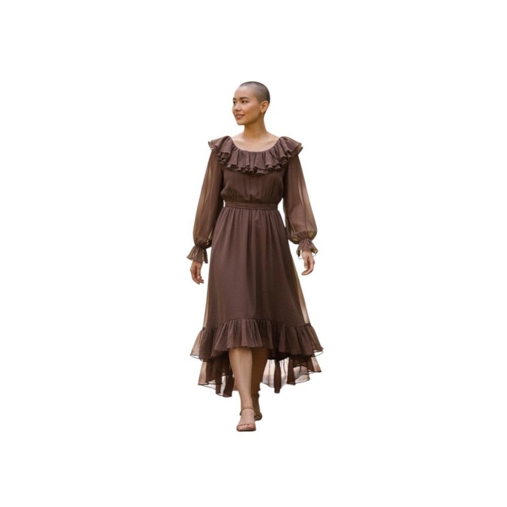 Vintage Rona Women's brown sheer long-sleeve chocolate brown midi dress/ ruffle